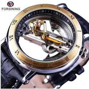 高級スチームパンクの男性スケルトンウォッチギフト防水自動腕時計ミニマリズムレザーストラップ透明な時計
