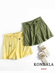 Women's Shorts KONDALA Cotton Linen Chic Solid Green Yellow High Waist Women Bow Drawstring Casual Wide Leg Fashion 2022 Office Lady Y2302