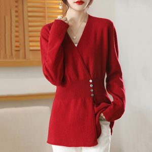 Women's Knits Pure Wool Sweater Chinese Retro Women's Cardigan 2023 Spring And Autumn V-Neck Cross-Type Jacket Top Corset Fashion Coat