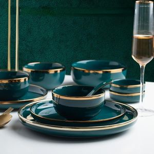 Plates Luxury Dish Set Household Tableware Bowl Plate Green Gold Rimmed Ceramic Assiettes De Table Kitchen Items BS50PZ