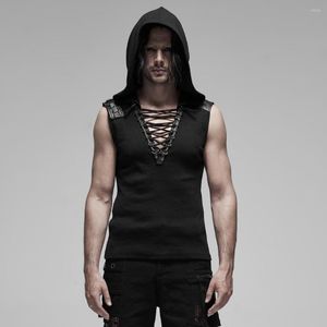 T-shirt da uomo PUNKRAVE T-shirt senza maniche lavorata a maglia a coste punk Streetwear Felpe con cappuccio Scollo a V profondo Gilet casual estivo Top