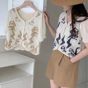 Women's Blouses H9ED Hollow Out Chiffon Blouse For Women Puff Sleeves Shirts Top French Short Fashion V-Neck Dailywear