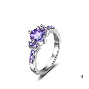 With Side Stones Gemstone Rings Sier Birthstone For Women White Purple Zircon Thin Wedding Ring Drop Delivery Jewelry Dhned