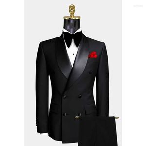 Men's Suits Black Shawl Satin Lapel Double Breasted Man Mens Wedding Groomsmen Prom Dinner Bridegroom Jacket Pants 2 Pieces Set