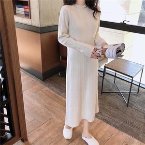 Casual Dresses Elegant Korean Lady Long Chic Knitting Stand Collar Sleeve Basic Dress Mori Girl 2023 Winter