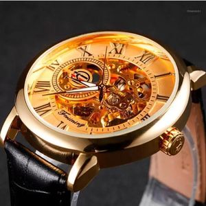 ForSining Golden Case Luxury Men Rom Number Display Mechanical Watches Man Black Dial Läder Rem Casual Hand Wind Watch