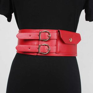 Belts Double Buckle Pins PU Waist Belt with Bag Women High Elastic Strech Strap Wide Slim Corset Girdle Female Waist Packs Money Bag G230207