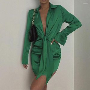 カジュアルドレス秋の緑の不規則なシャツドレス女性ウエストノットタイ長袖ボタン2023レディースターンダウンカラー