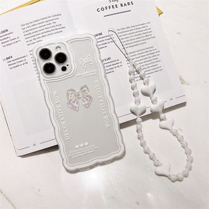 휴대 전화 케이스 패션 포네 카제 iPhone 11 12 13 Mini 15 14 Pro Max Xr X XS Max 7 8 P Phone Cover Sweet 3D Ice through Bow Tie white Love Lanyard Shell DMLOI ES1H