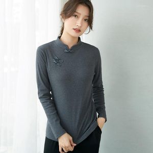 女性のTシャツ中国語スタイルシャツ女性コットンハーフタートルネックスリムTシャツ2023フル冬のソリッドウェアンレディース長袖トップ