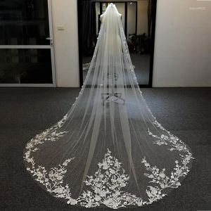 Brudslöjor 300 cm bröllopslöja med kam mjuk tyll spets 3d blommor applikationer ett lager katedral längd