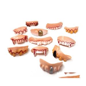 Party Masks 12Pcs/Set Halloween Prank Toys Simation Rotten Teeth Vampire Denture Masquerade Cosplay Fake Trick Props Drop Delivery H Dh3Pe
