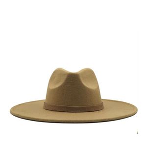Chap￩us de aba larga Fedora Hat For Women Solid Color Wool Felt Men outumn Winter Panam￡ aposta cinza Cap Q1216 827 R2 Drop Delt F DHWDF