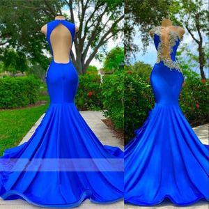 2023 Mermaid Prom Dresses Royal Blue Arabic Jewel Neck Illusion Lace Appliques Crystal Pärlor ärmlös kväll Formella festklänningar Sveptåg plus storlek backless
