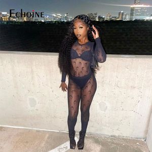 Kadın Tulumları Tulumlar Yankılanan Kadınlar Bahar Seksi Patchwork Bodycon Trousers Tulum Moon Baskı Uzun Kollu Bodysuit Romper Tahil 230208