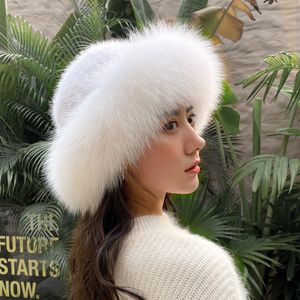 Women's Real Mink Fur Hat Knitted Bowler Hat Top Hat Winter Warm Beanie Cap W Fox Fur Brim