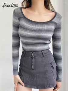 Women's T Shirts Seeslim Knitted Square Collar Shirt Women Clothes Long Sleeve Striped Slim Korean Style 2023 Atutumn Tee Femme E Girl