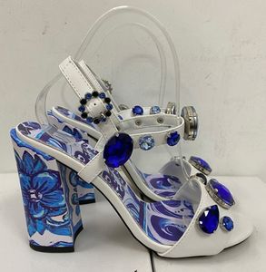 Niebieski kwiat kryształowe sandały damskie letnie gladiatorki moda wysoki gruby obcas damskie czółenka buty na platformie