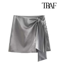 Frauen Shorts ONKOGENE Frauen Mode mit Schleife gebunden Satin Wrap Röcke Vintage hohe Taille seitlicher Reißverschluss weibliche Skort Mujer Y2302