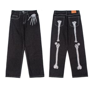 Erkekler Jeans Retro Retro Kafatası El Kemik Nakış Yıkanmış Erkek Pantolon Y2K Düz Sıradan Büyük Boy Denim Pantolon Gevşek Sokak Giyim Pantalonları 230207