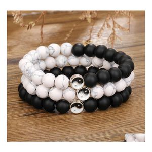 Beaded Strands 8Mm Fashion Men Women Taiji Yin Yang Feng Shui Beaded Bracelet Natural White Turquoise And Black Bead Couple Friends Dhkuy