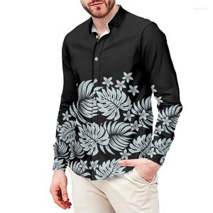 Camisas casuais masculinas Men camisa Top Polinésia Tribal Gray Plumeria folhas impressas vendendo manga longa personalizadas para botão Quin22