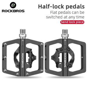 Pedais de bicicleta rockbros 2 em 1 pedais de trava de bicicleta com sistema de alumínio SPD Aluminium MTB Road Anti-Slip Selado Rolamento Bloqueio Acessórios de bicicleta de pedal 0208