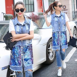 Women's Vests Women Spring Summer Big Size Lapel Denim Sleeveless Jacket Vest Lady Coat Sequin Paillette Hole Ripped Long Jeans Waistcoat