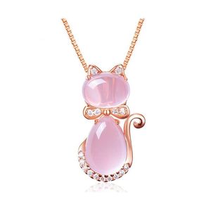 Mücevher Ayarları Moonrocy Gül Altın Renk Cz Crystal Ross Quartz Pembe Opal Kolye Küpe ve Yüzük Sevimli Kedi Kadınlar İçin Seti 469C3 D DHVDN