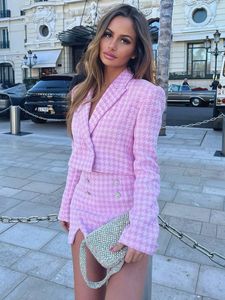 Womens Tracksuits Shorts Set Outfits Elegant Houndstooth Tweed Set Croped Blazer och High midje Skort False Bejeweled Button 2 Piece Suit 230208