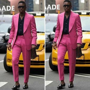 Men's Suits Pink Mens Tuxedos Groom Wedding Slim Fit One Button Peaked Lapel Plus Size Prom Party Blazer Suit (Jacket Pants)