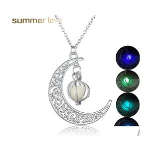 Pendant Necklaces Halloween Pearl Hollow Moon Glowing Necklace For Women Meteorite Alloy Charm Fashion Elegant Jewelry Ladies Gift D Dh97P
