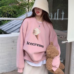 Kvinnors hoodies tröjor rosa roliga tryckta hoodies kvinnor koreanska lösa crewneck tröjor kvinnliga mode varm plus sammet tröjor hoodie höst vinter 230207
