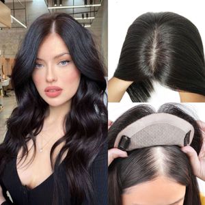 6*7inch Slik Base Human Hair Topper Natural Black Color Top Stängningar Klipp i bitar för kvinnor 130% Densitet