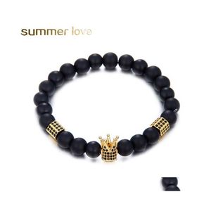 Beaded Strands Noble Crown 8mm Black Beads Armband For Women Men Natural Stone Copper Inlayed With Zircon Charm Trendy Jewelry Dro Dhtcw