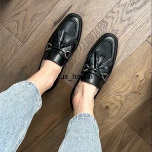 ドレスシューズMeotina ins Za women loafers本革フラットシューズメタルデコレーションタッセルラウンドトーレディフットウェアスプリング秋の黒43 T230208