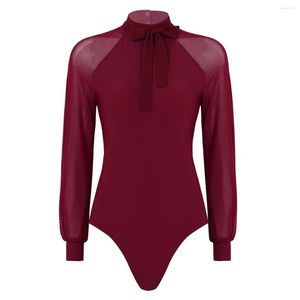 Stage Wear Fashion Women Mock Neck Mesh Long Sleeves Ballet Dancewear Gymnastics Leotard Workout Bodysuit Performance Dance Costume