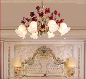 Pendant Lamps American Retro Red Rose Chandelier Living Room Dining Bedroom Korean Pastoral Romantic Flower Glass