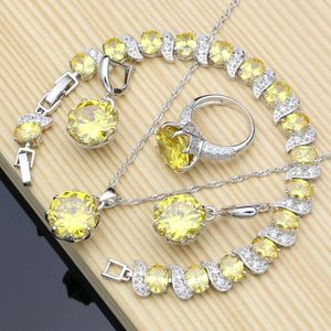 Conjuntos de jóias de casamento 925 Cristal amarelo de prata esterlina para festas de festa/anéis/anéis/pulseira/colar