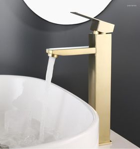 Bathroom Sink Faucets Brushed Gold Square Basin Faucet Single Handle One Hole Deck Mounted Vanity Tap Stainless Steel Cold Mixer
