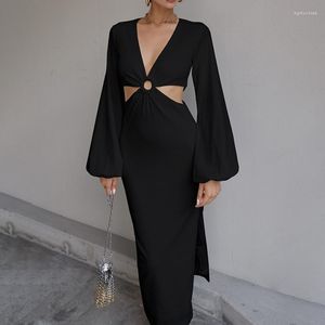 Casual Dresses Fall/winter Style High Waist Sexy V-neck Pierced Air Quality Split Fashion Dress Women 2023 European And American Women's