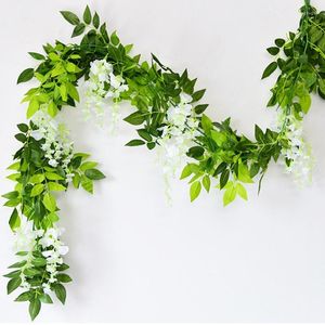 Flores decorativas de 7 pés 2m 2m Flor String Artificial Wisteria Vine Garland Plants Folhagem Casa ao ar livre Decoração de parede suspensa falsa