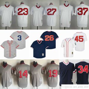 Filme Vintage 37 Bill Lee Baseball Jerseys Costurado 19 Jackie Bradley Jr. 23 Blake Swihart Carlton Fisk Jersey Respirável Esporte Azul Marinho Pulôver