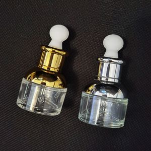 50st Clear Glass Droper Bottle 20 30 Luxury Serum flaskor med Shinny Gold Silver Cap för Essential Oil Droper tomma transparenta korta behållare