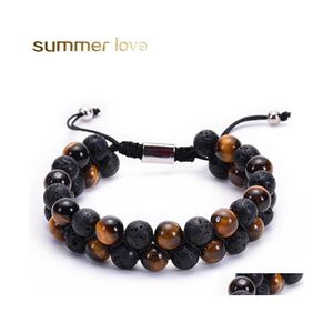 Beaded Strands Handmade Tiger Eye Lava Bead Bracelet Essential Oil Diffuser Double Row Natural Healing Stone Beads Adjustable Drop Dh8Lg