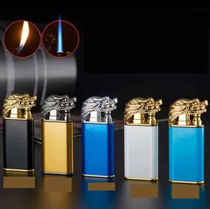 Latest double Flame Inflatable Butane Lighter No Gas 5 Styles Luminous Crocodile Dragon Dolphins Windproof Metal Cigarette Jet Lighters Smoking Tool
