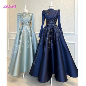 Party Dresses Navy Satin Beaded Long Sleeve Muslim Evening Moroccan Caftan High Neck Formal Ball Gowns Robe De Soiree 230208