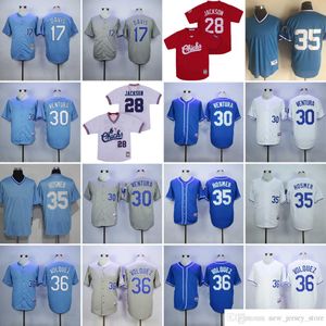 Filme Vintage 30 Yordano Ventura Jerseys de Beisebol Costurado 35 Eric Hosmer 36 Edinson Volquez 17 Wade Davis 28 Bo Jackson Jersey Azul Pulôver