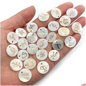 Charms Natural Freshwater Shell 26 Letter Az Pendant Round With Gold Color Alphabet Diy Earring Bracelet Necklace Decor Drop D Dhvgj