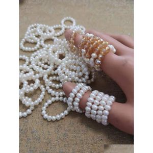 Band Rings 10Pcs Natural Freshwater White Pearl Ring Adjustable Elastic Stretched Pearls Bead For Women Jewelry Drop Delivery Dh2Xt